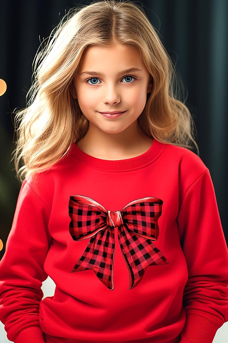 UL180B-E3198Z Red Buffalo Plaid Bow Kids Graphic Sweatshirt $20
