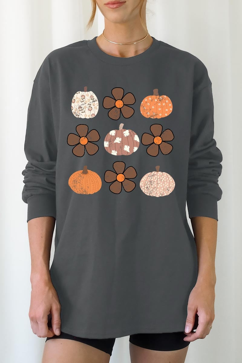 UL240P-E3117 Pumpkins & Flowers Fall Plus Long Sleeve Tee $17