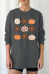 UL240-E3117 Pumpkins & Flowers Fall Graphic Long Sleeve Tee $13.75