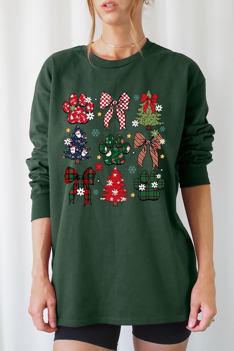 UL240-E3195 Christmas Bow Paw Graphic Long Sleeve Tee $13.75