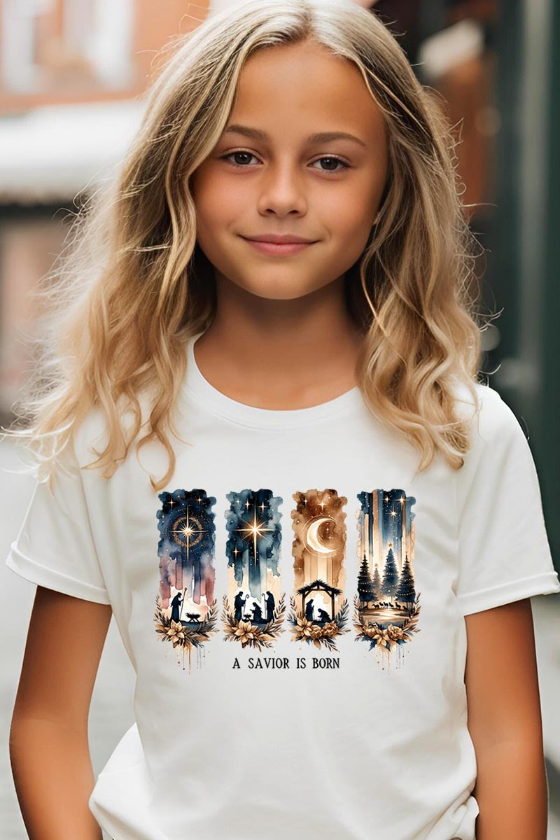 US3001Y-E3204Z Savior Is Born Nativity Kids Graphic Tee $11