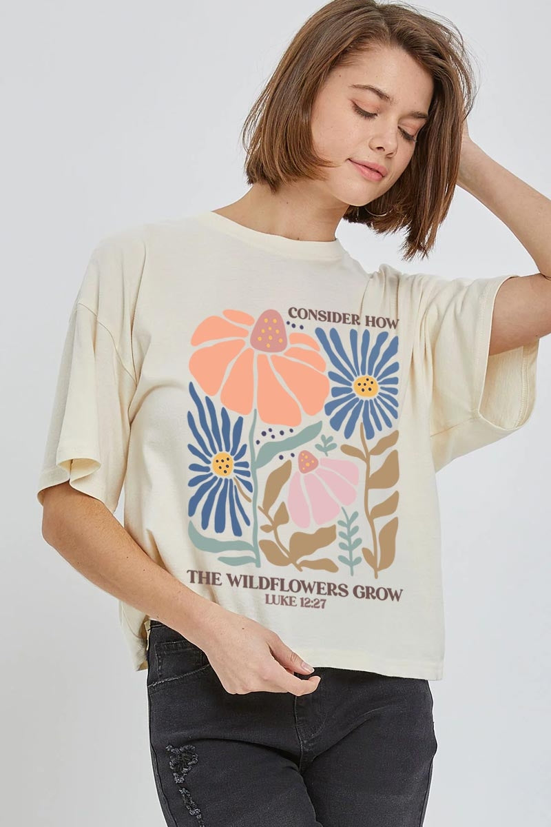 CTS-E3067 Consider the Wildflowers Graphic Relaxed Crop Top $11