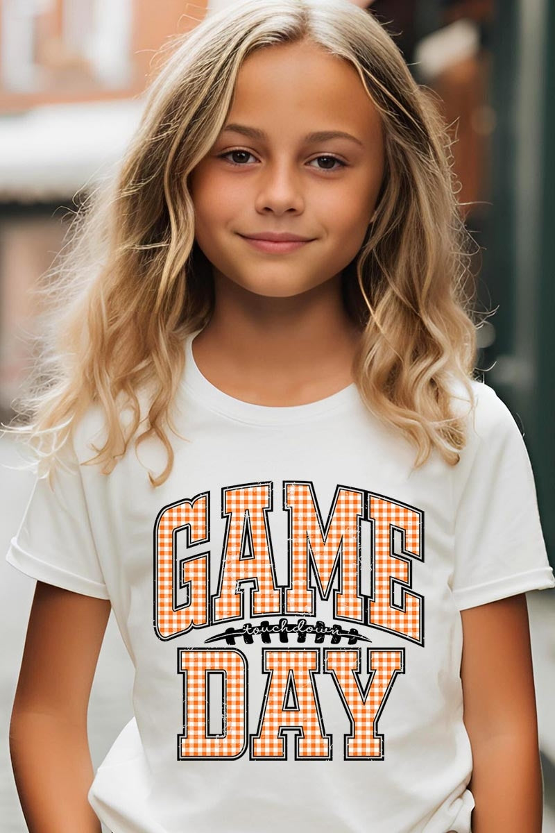 US3001Y-E3129Z Orange Gingham Game Day Kids Graphic Tee $11