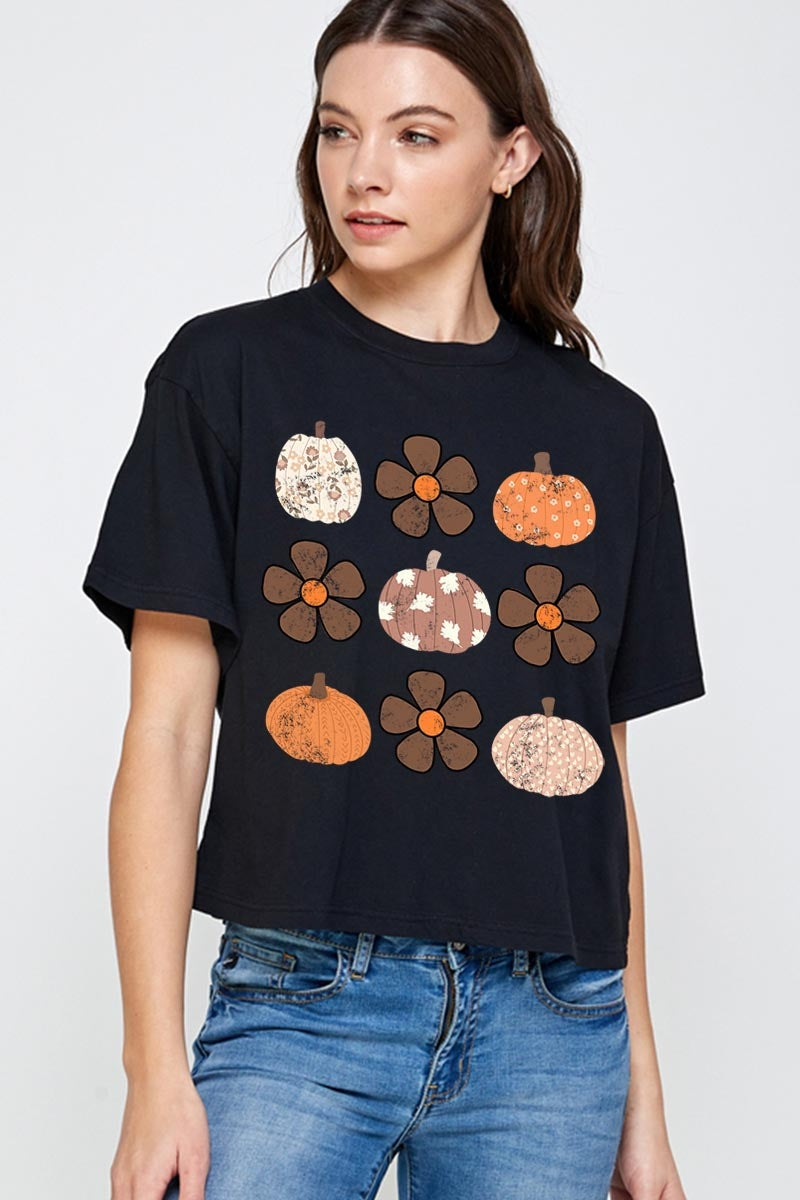 CTS-E3117 Pumpkins & Flowers Fall Graphic Relaxed Crop Top $11