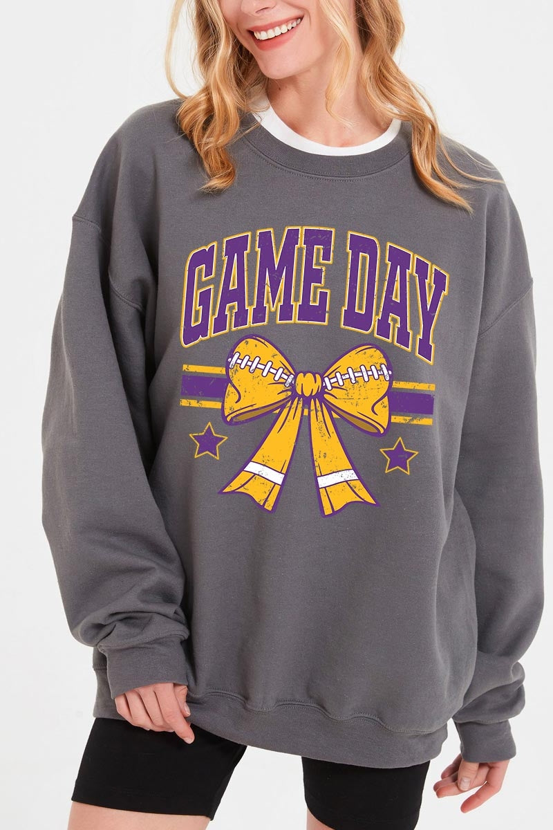 UL180P-E3063 Purple Game Day Football Bow Plus Sweatshirt $25