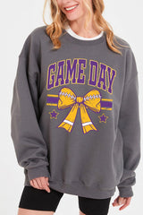UL180P-E3063 Purple Game Day Football Bow Plus Sweatshirt $25