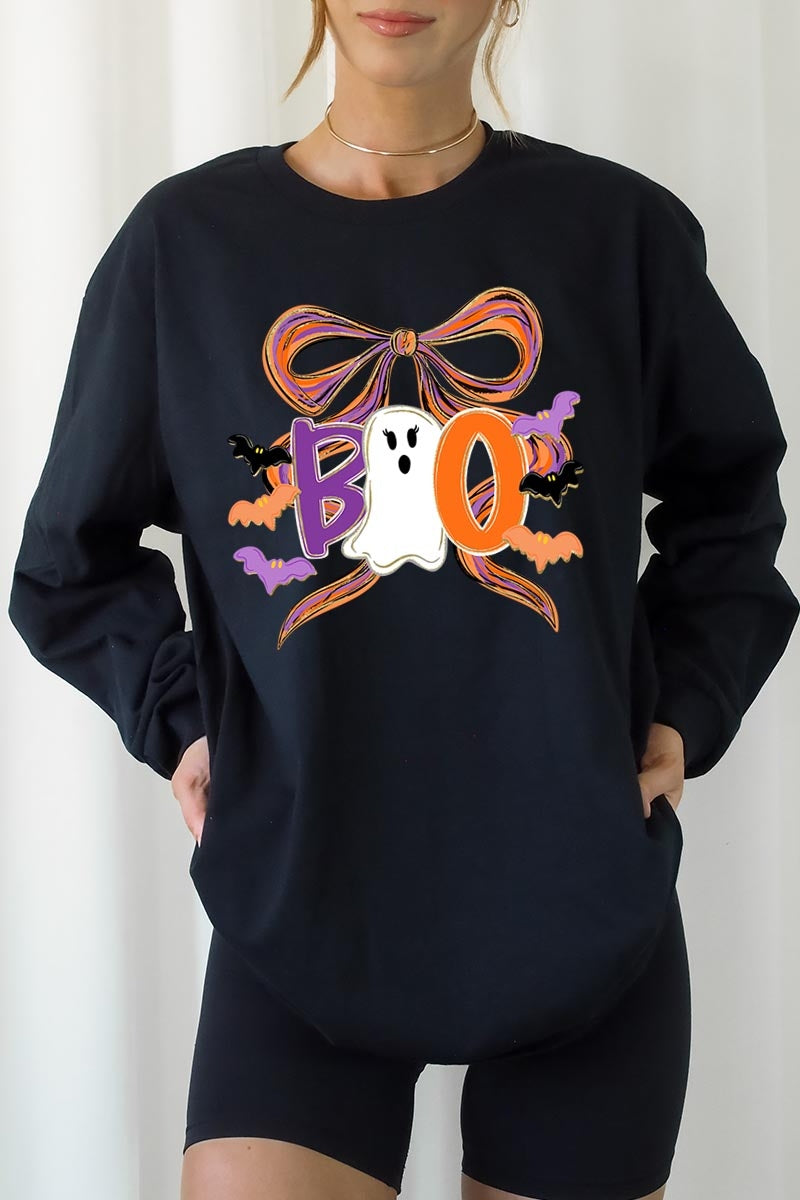 UL240-E3120 Boo Brushstroke Bow Graphic Long Sleeve Tee $13.75