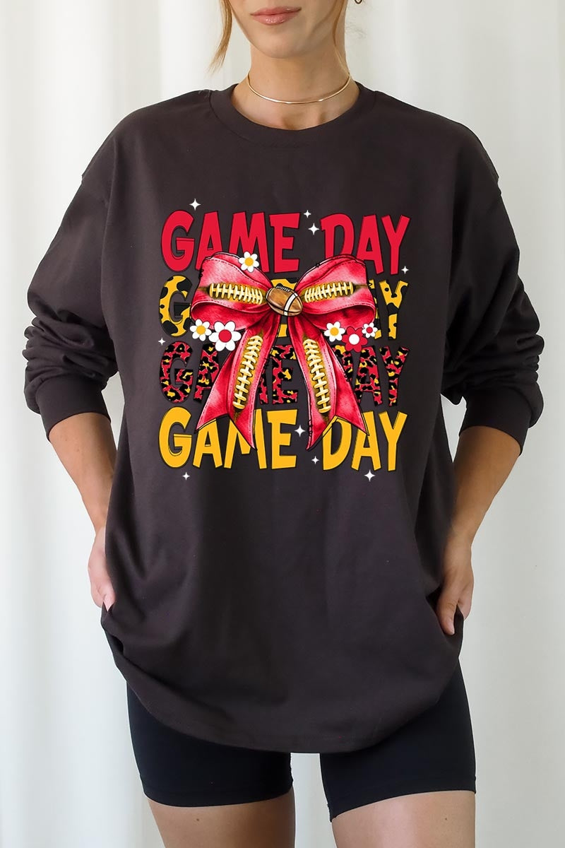 UL240-E3091 Red Yellow Football Game Day Bow Long Sleeve Tee $13.75