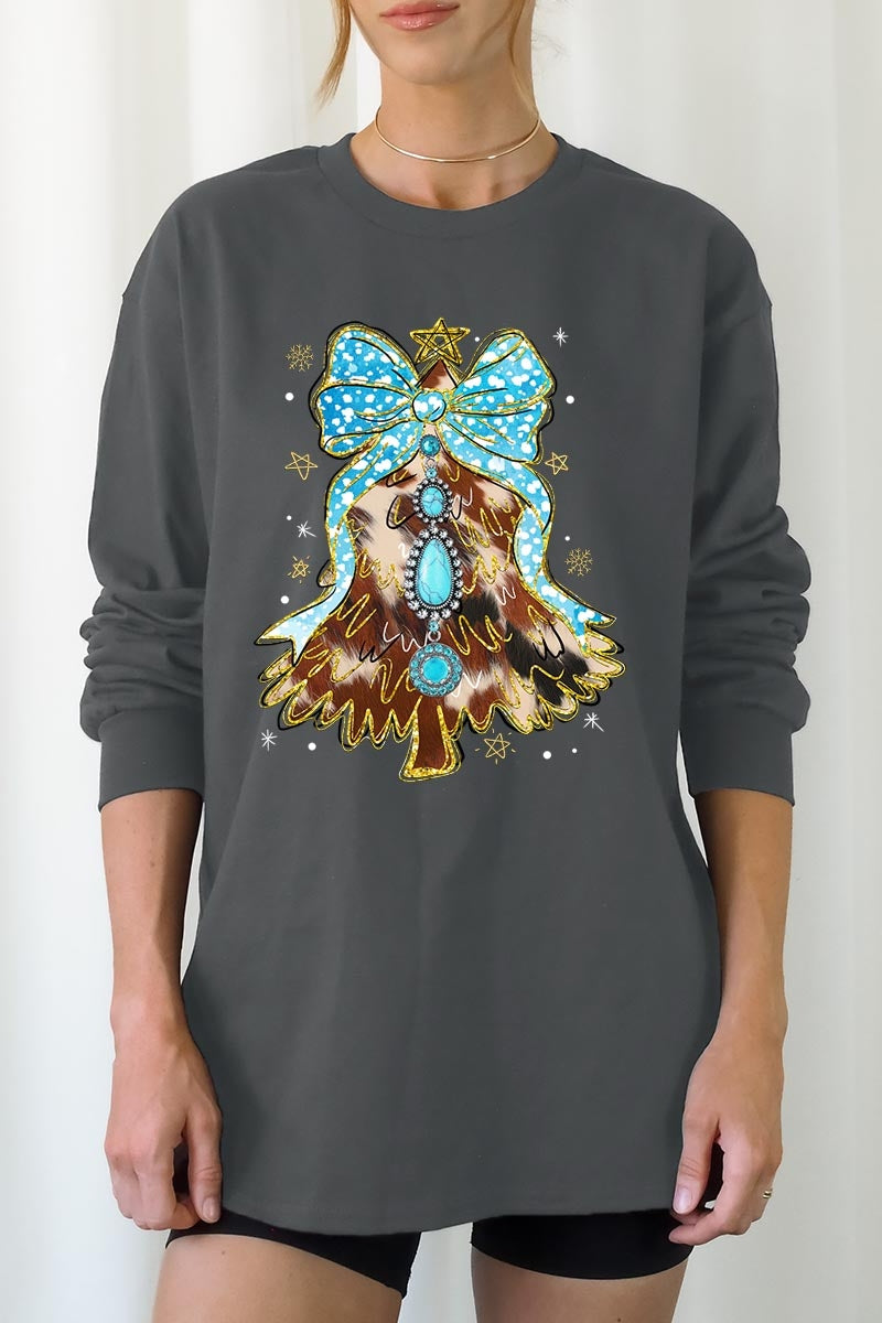 UL240-E3184 Turquoise Christmas Tree Graphic Long Sleeve Tee $13.75