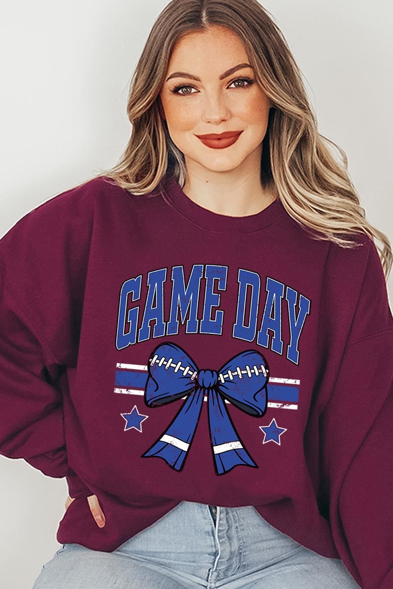 UL180P-E3065 Blue Game Day Football Bow Graphic Plus Sweatshirt $25