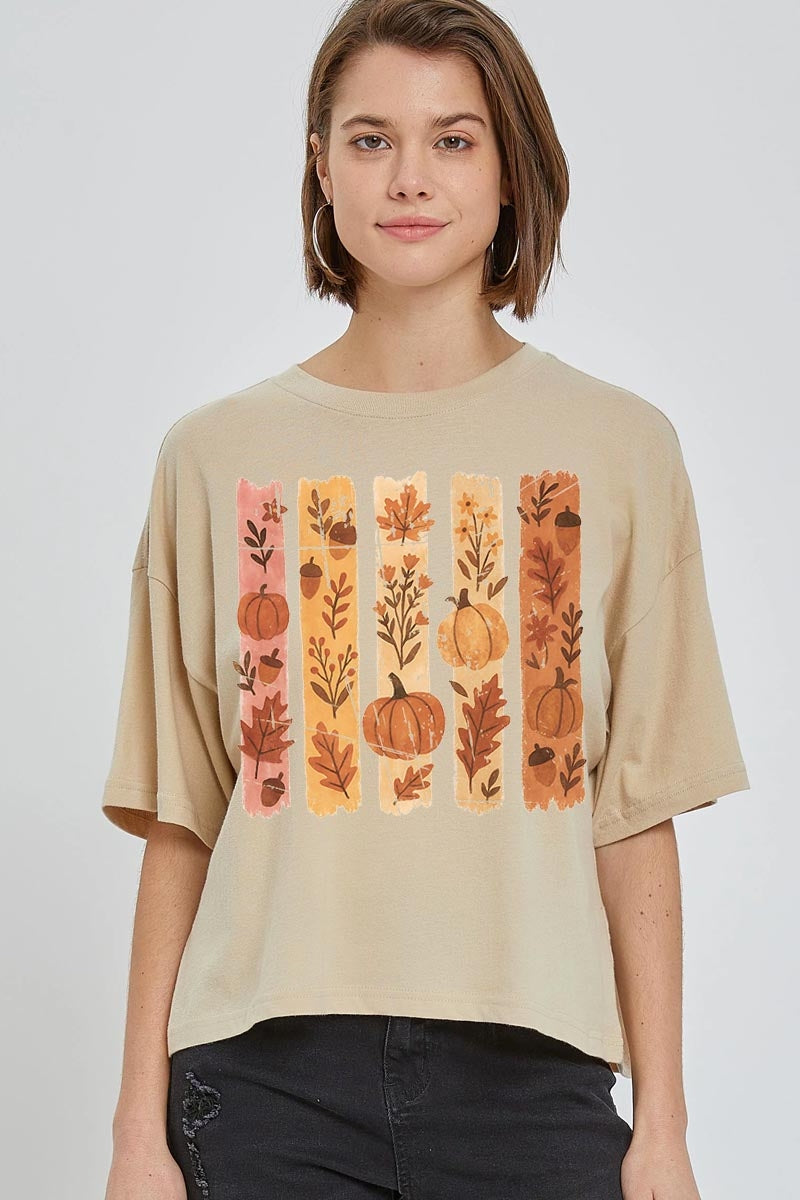 CTS-E3110 Brushstroke Boho Fall Graphic Relaxed Crop Top $11