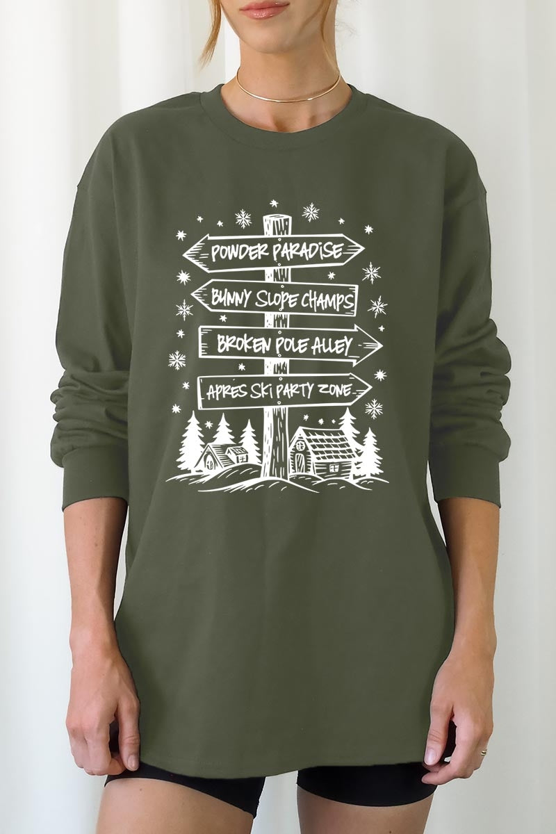 UL240-E3189 Ski Lodge Signs Graphic Long Sleeve Tee $13.75