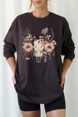 UL240P-E3113 Western Skull Floral Graphic Plus Long Sleeve Tee $17
