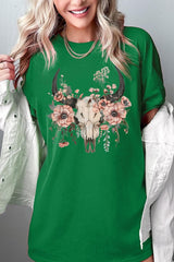 5000P-E3113 Western Skull Floral Graphic Plus Heavy Cotton Tee $12.75