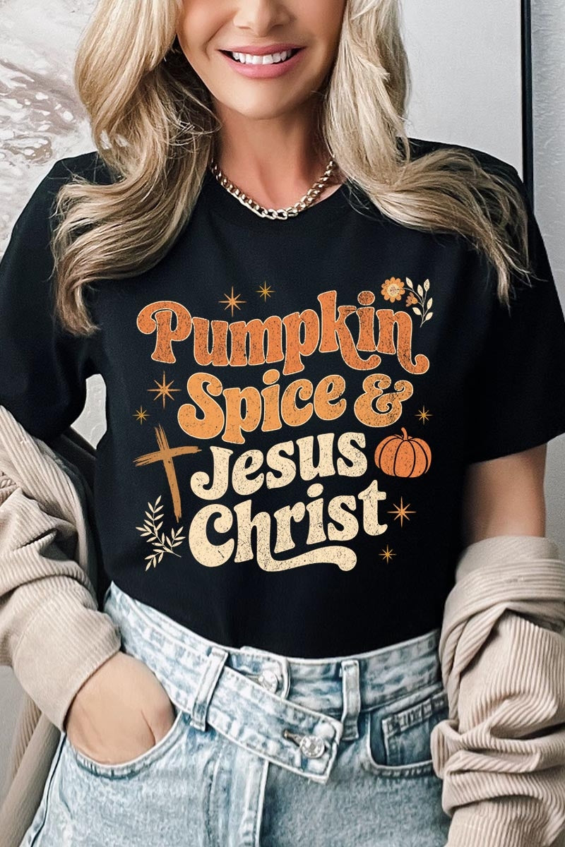 US3001P-E3164 Pumpkin Spice & Jesus Graphic Plus Tee $16