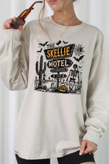 UL240-E3108 Skellie Motel Halloween Graphic Long Sleeve Tee $13.75