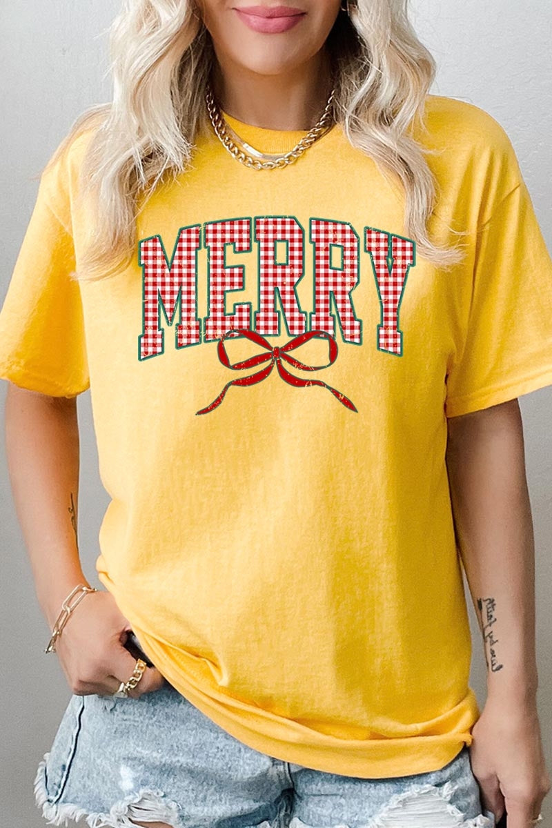 5000-E3206 Plaid Merry Christmas Bow Graphic Heavy Cotton Tee $9