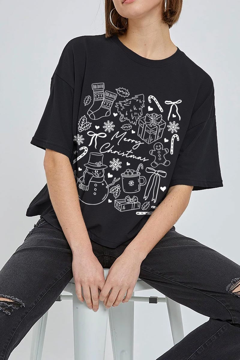 CTS-E3181 Christmas Doodle Graphic Relaxed Crop Top $11