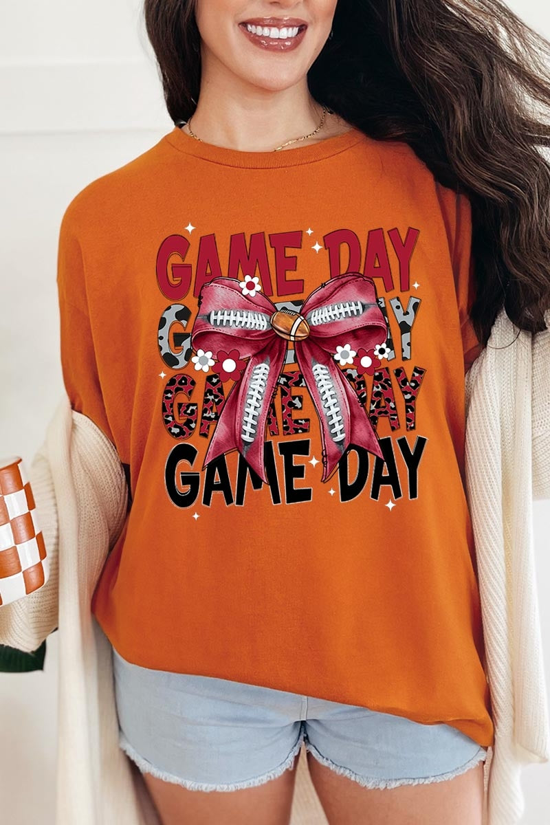 5000-E3093 Red Silver Football Game Day Bow Heavy Cotton Tee $9