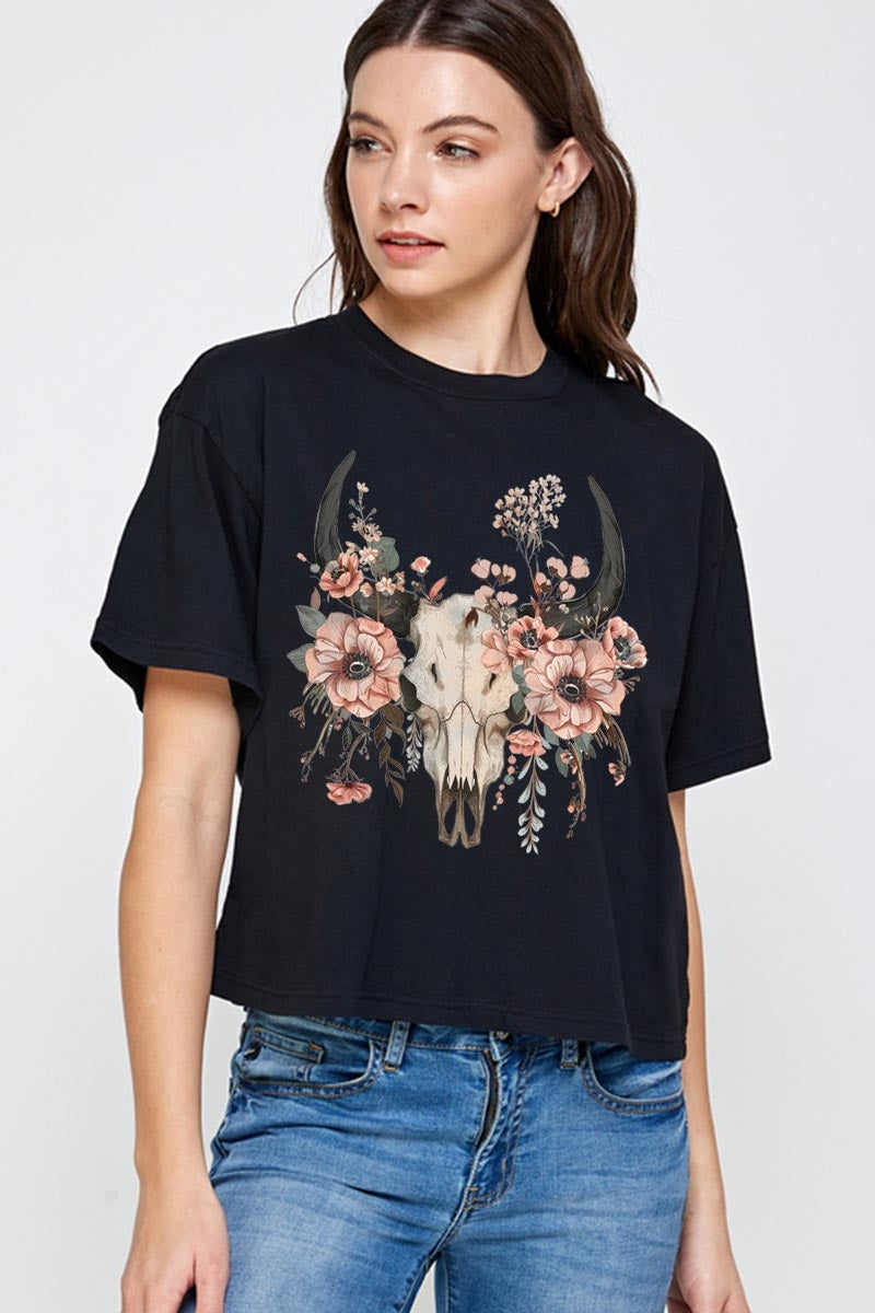 CTS-E3113 Western Skull Floral Graphic Relaxed Crop Top $11