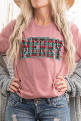US3001-E3210 Classic Plaid Merry Graphic Tee $12.5