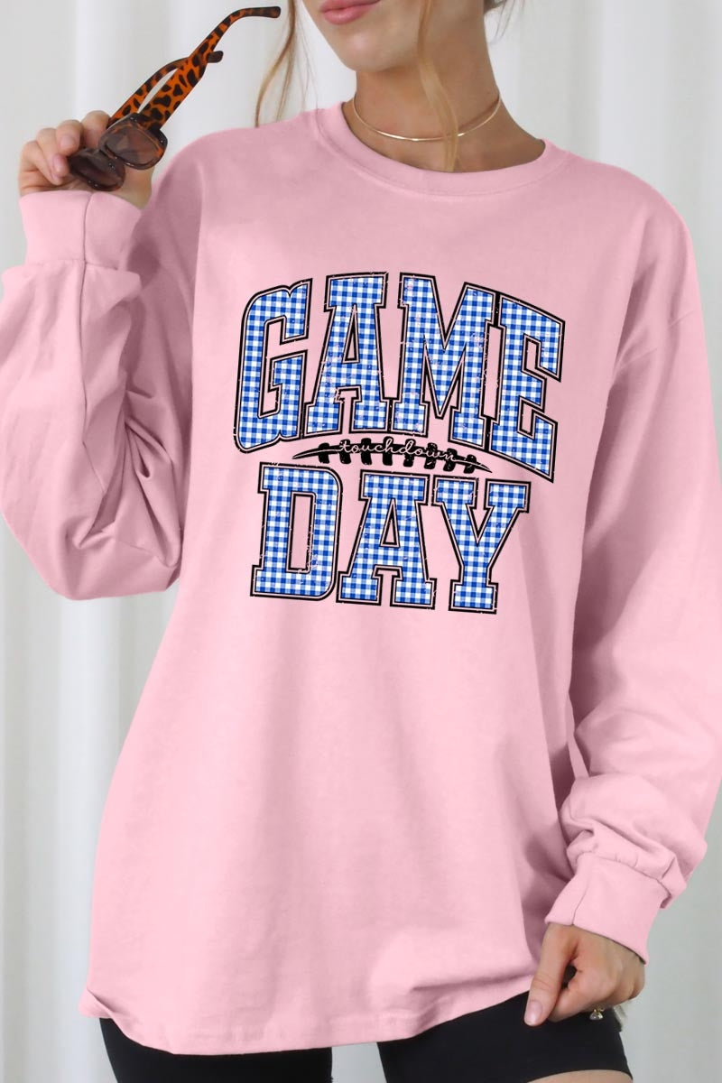 UL240-E3130 Blue Gingham Game Day Graphic Long Sleeve Tee $13.75