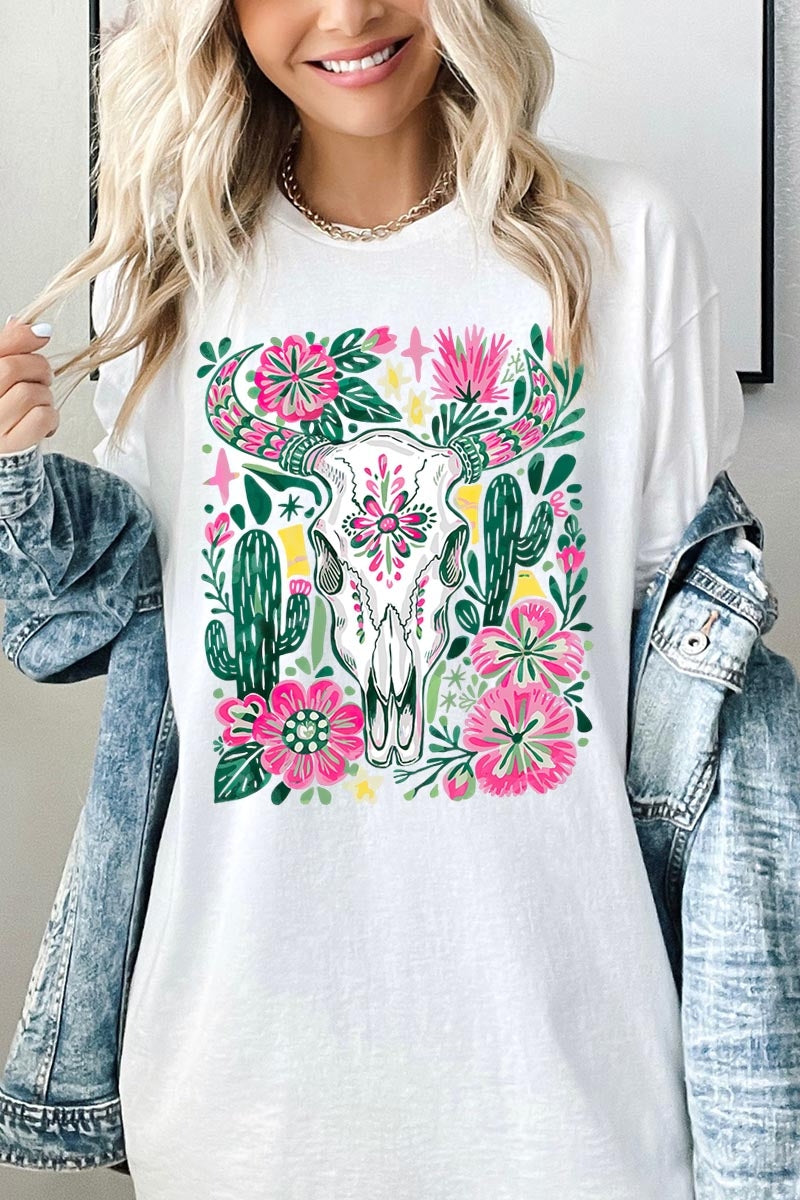 5000P-E3086 Western Floral Cow Skull Plus Heavy Cotton Tee $12.75