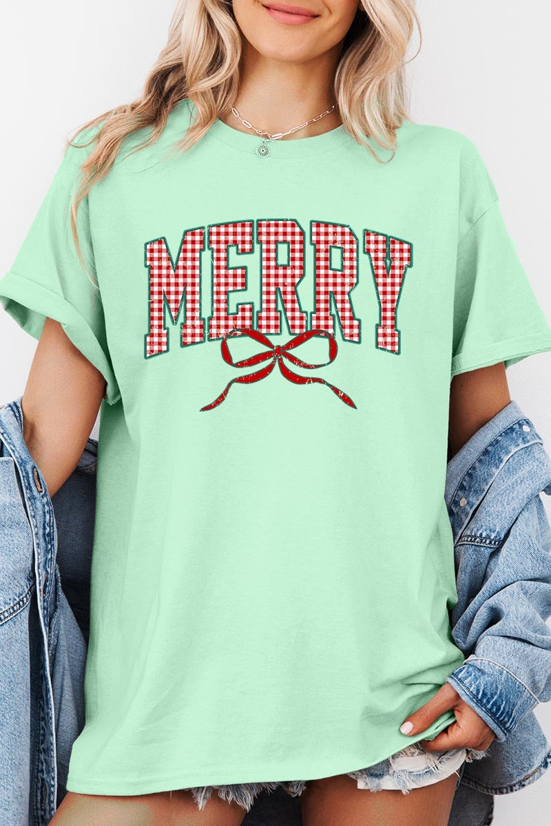 5000-E3206 Plaid Merry Christmas Bow Graphic Heavy Cotton Tee $9