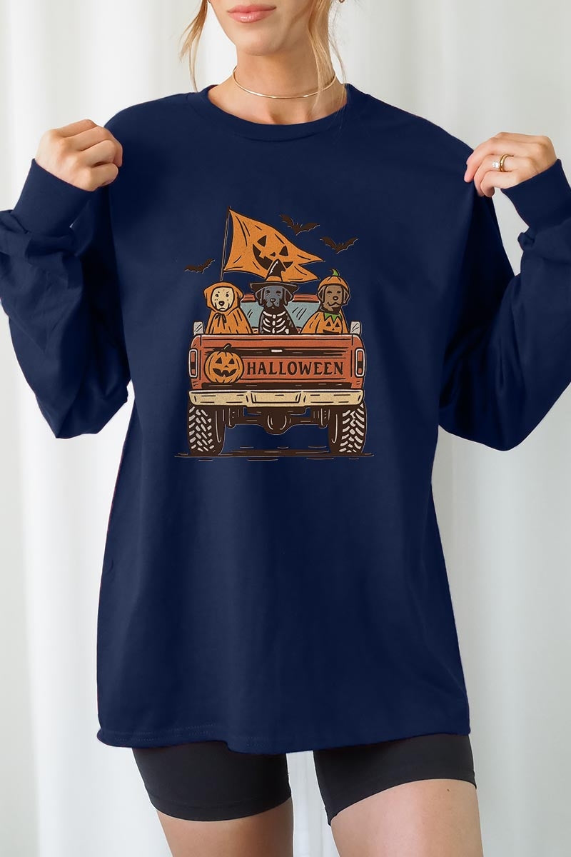 UL240P-E3150 Halloween Truck Dogs Graphic Plus Long Sleeve Tee $17