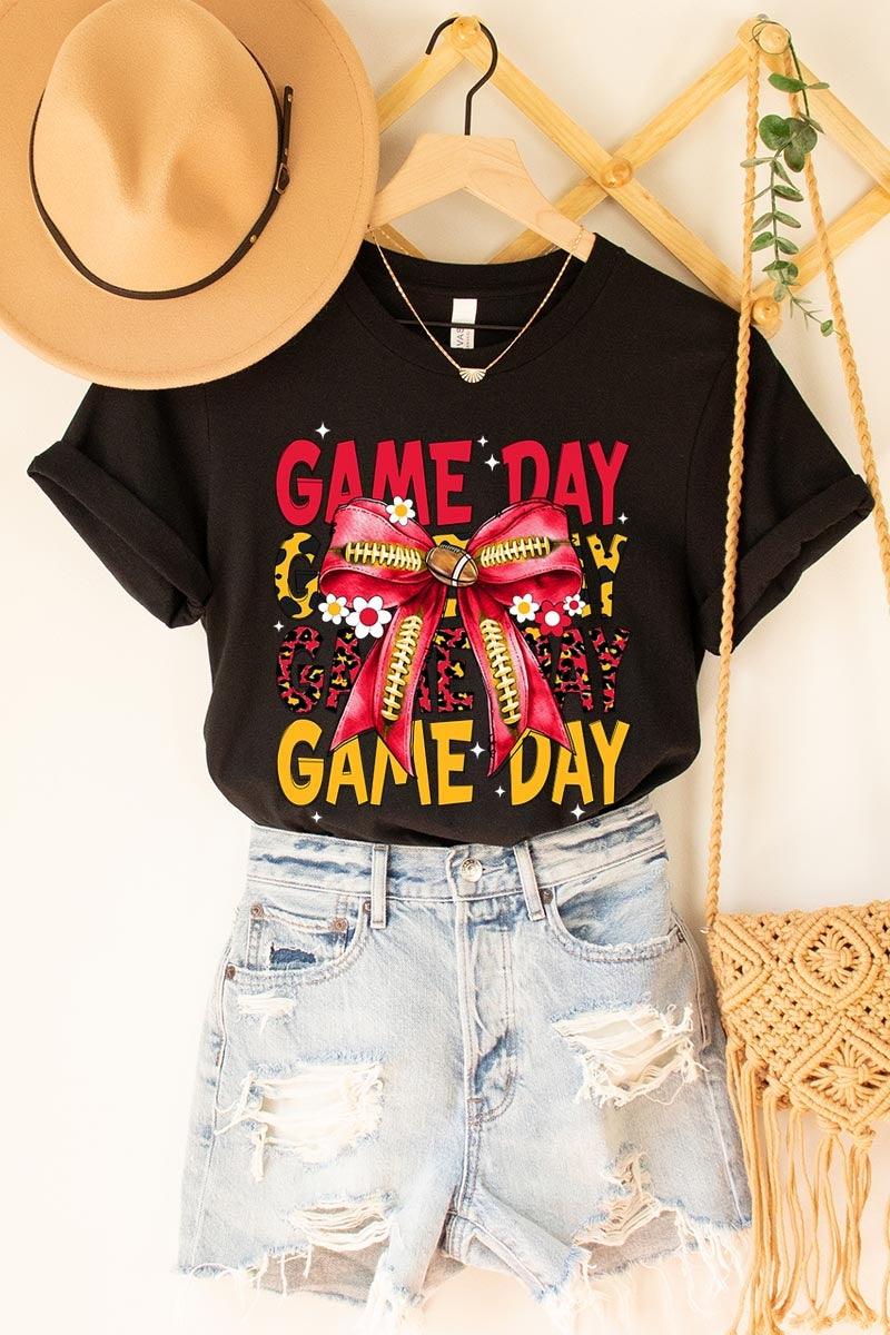 US3001P-E3091 Red Yellow Football Game Day Bow Graphic Plus Tee $16