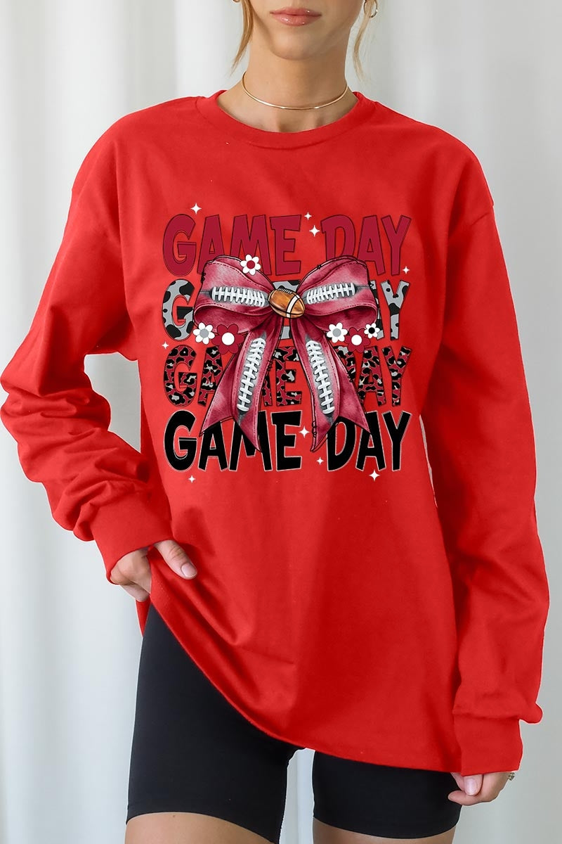 UL240-E3093 Red Silver Football Game Day Bow Long Sleeve Tee $13.75