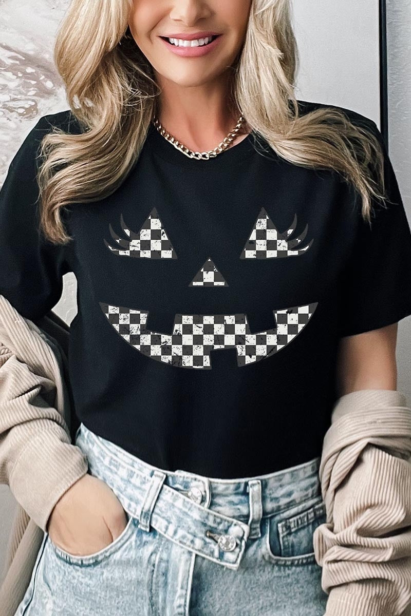 US3001P-E3149 Checker Pumpkin Face Graphic Plus Tee $16