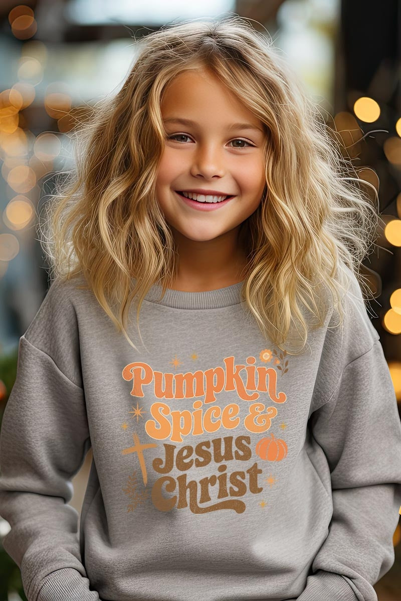 UL180B-E3164Z Pumpkin Spice & Jesus Kids Graphic Sweatshirt $20