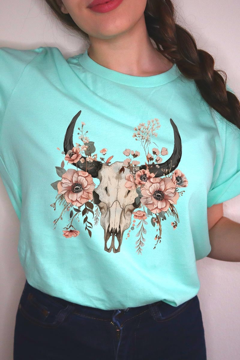 US3001-E3113 Western Skull Floral Graphic Tee $12.5
