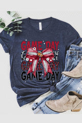 US3001-E3093 Red Silver Football Game Day Bow Graphic Tee $12.5