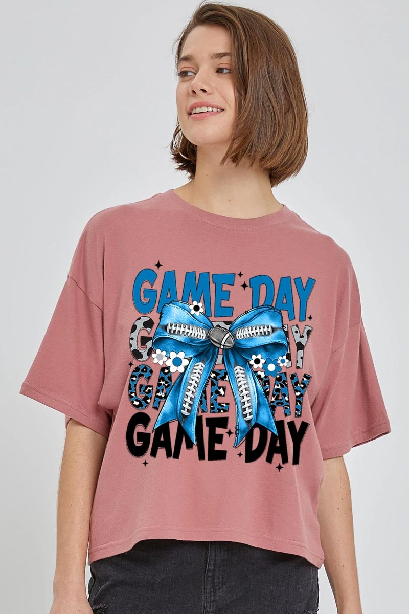 CTS-E3089 Blue Silver Football Game Day Bow Relaxed Crop Top $11