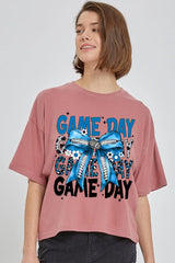 CTS-E3089 Blue Silver Football Game Day Bow Relaxed Crop Top $11