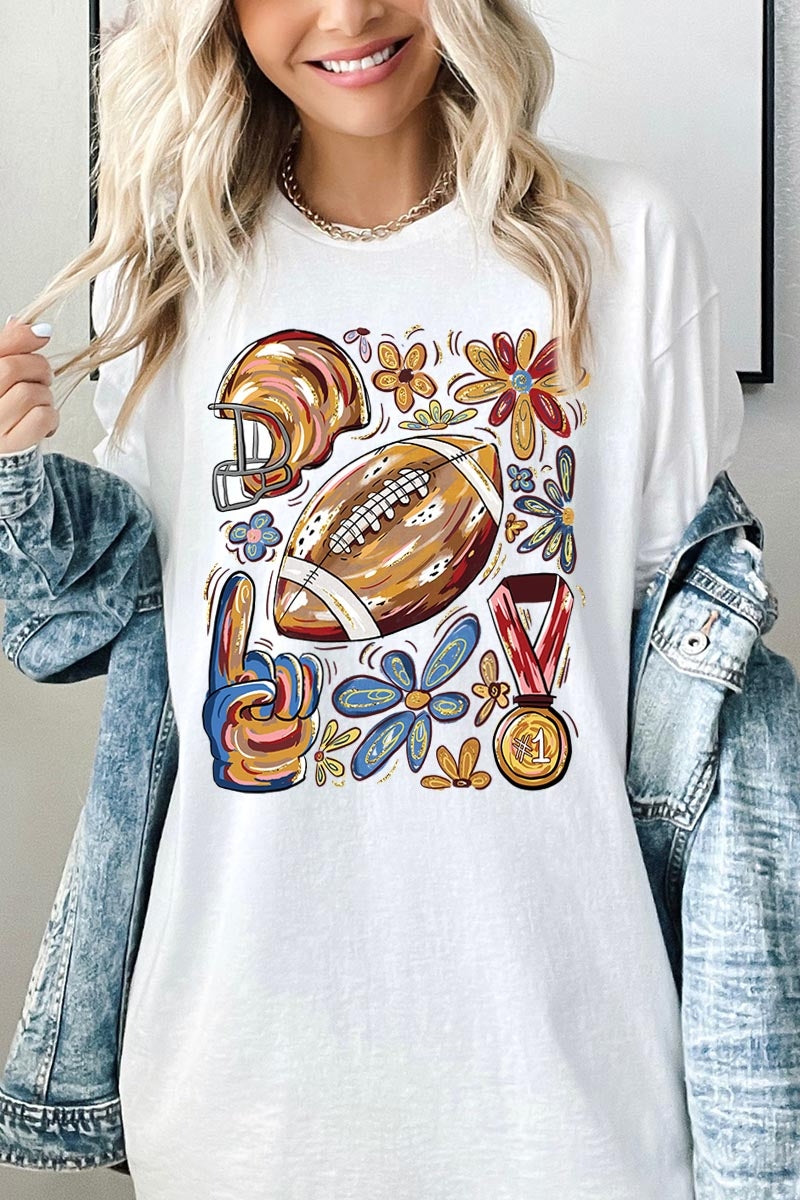 5000-E3072 Retro Floral Football Graphic Heavy Cotton Tee $9