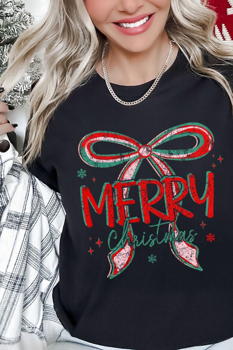 US3001P-E3197 Merry Christmas Bow Graphic Plus Tee $16