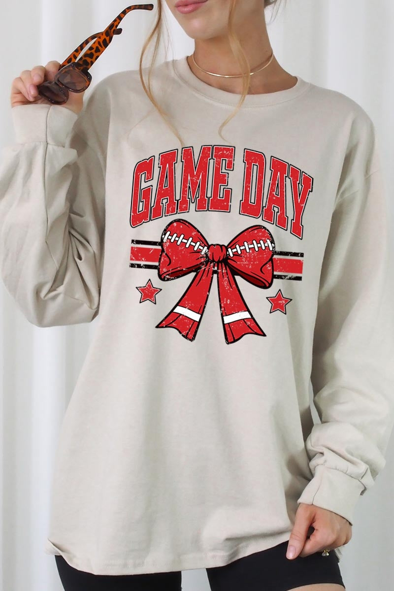 UL240P-E3062 Red Game Day Football Bow Plus Long Sleeve Tee $17