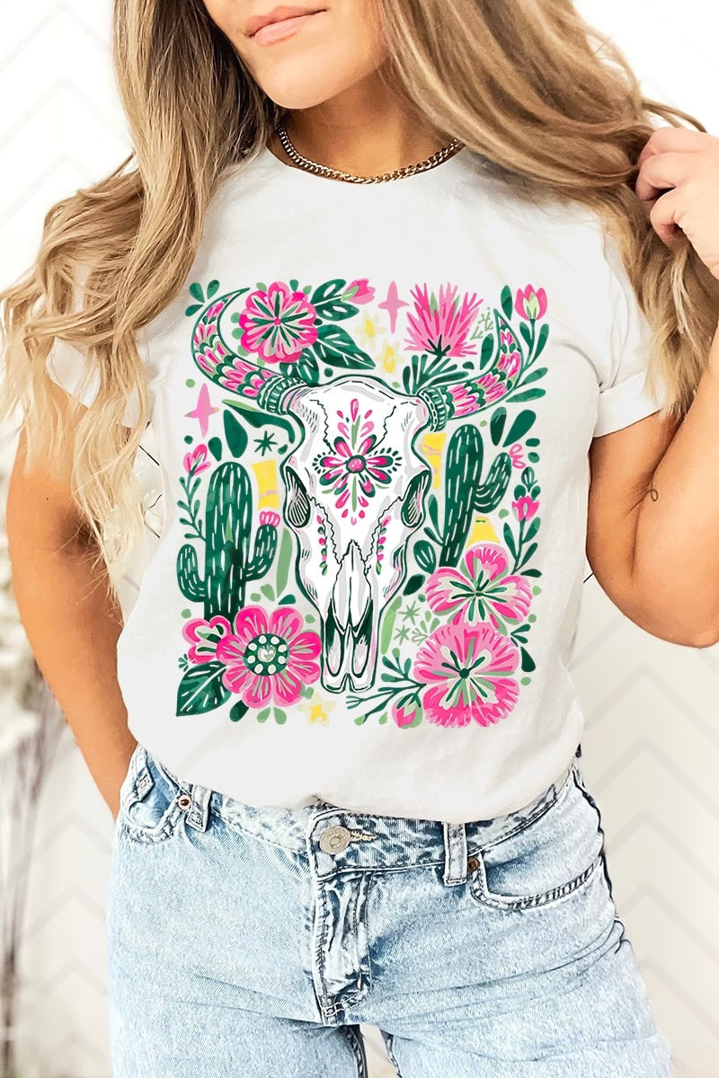 US3001P-E3086 Western Floral Cow Skull Graphic Plus Tee $16
