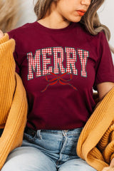 US3001P-E3206 Plaid Merry Christmas Bow Graphic Plus Tee $16