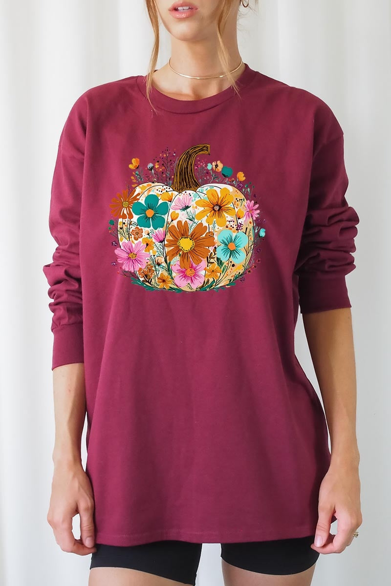 UL240-E3118 Floral Pumpkin Graphic Long Sleeve Tee $13.75