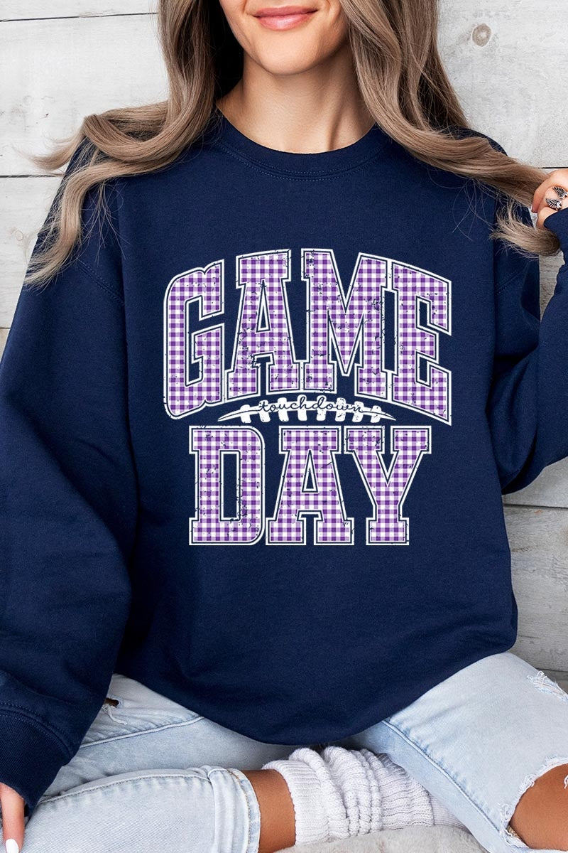 UL180P-E3127 Purple Gingham Game Day Graphic Plus Sweatshirt $25