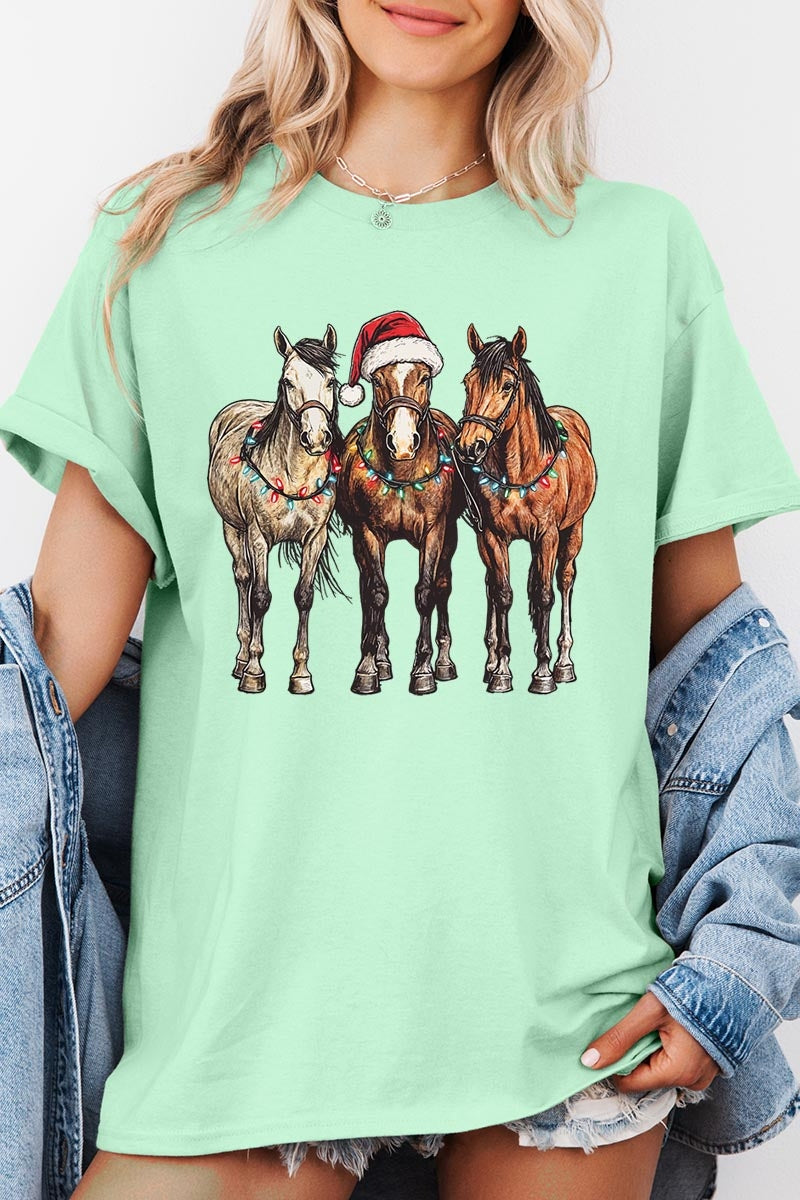 5000-E3182 Christmas Horses Graphic Heavy Cotton Tee $9