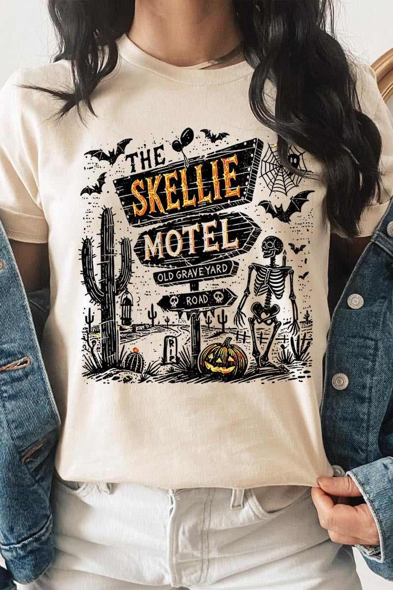 US3001P-E3108 Skellie Motel Halloween Graphic Plus Tee $16