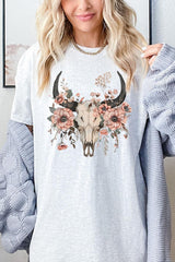 5000P-E3113 Western Skull Floral Graphic Plus Heavy Cotton Tee $12.75