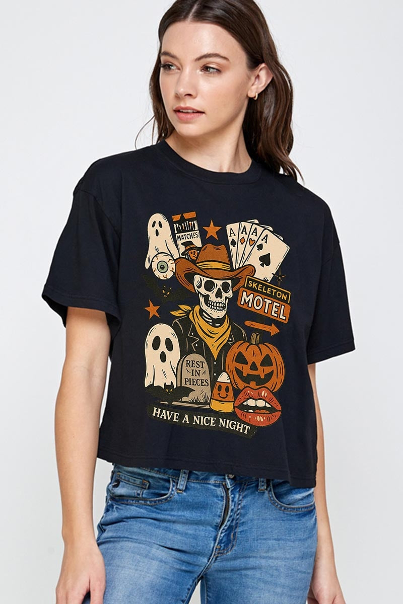 CTS-E3107 Spooky Western Skeleton Graphic Relaxed Crop Top $11