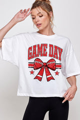 CTS-E3062 Red Game Day Football Bow Graphic Relaxed Crop Top $11