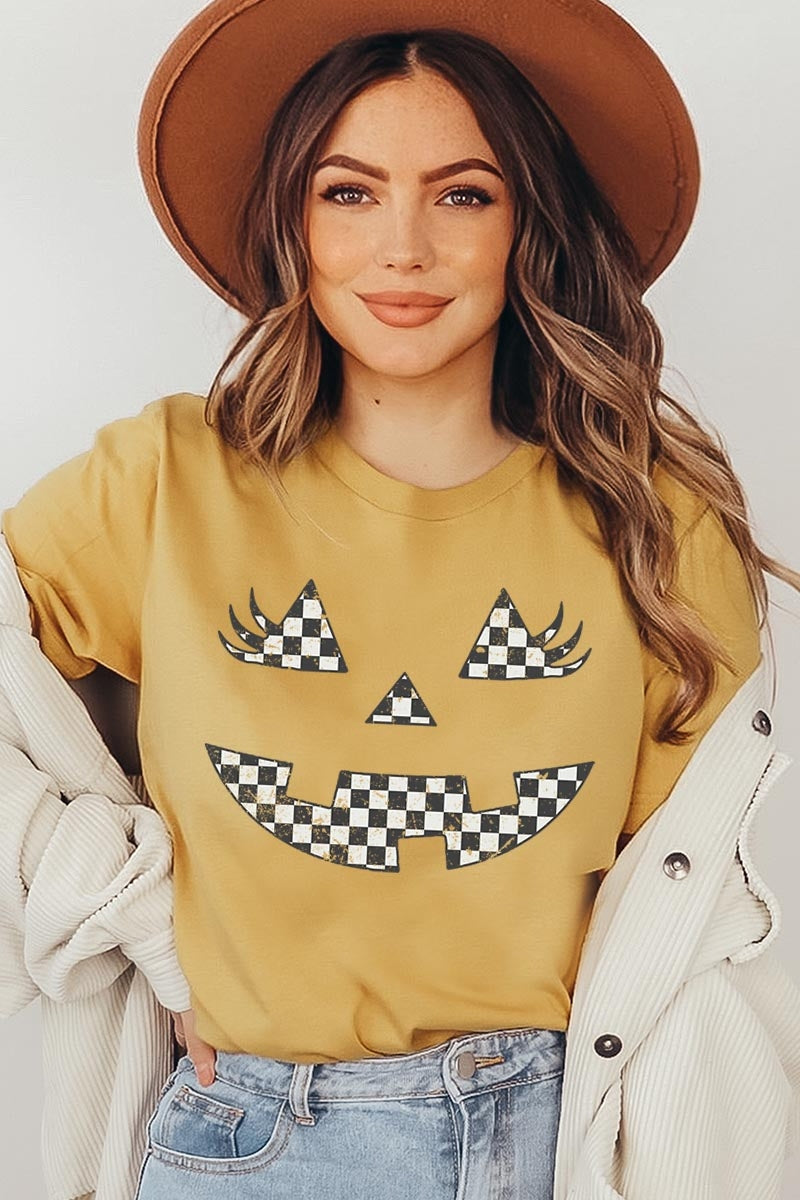 US3001P-E3149 Checker Pumpkin Face Graphic Plus Tee $16